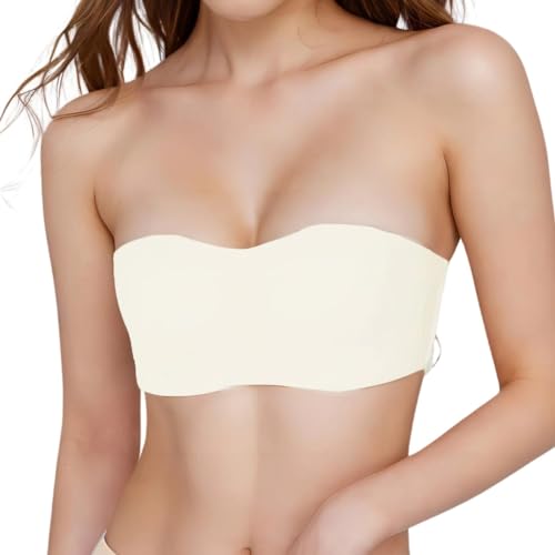 BDLLMDES Strapless Bras for Women Bandeau Bra Padded Bralette Non-Slip Wireless Bra with 2Straps Suitable for Strapless Dress White