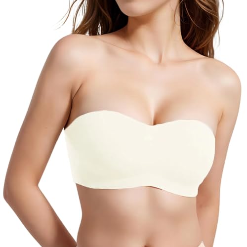 BDLLMDES Strapless Bras for Women Bandeau Bra Padded Bralette Non-Slip Wireless Bra with 2Straps Suitable for Strapless Dress White