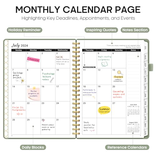 Academic Planner 2024-2025, Weekly & Monthly Calendar Planner Book (July 2024 - June 2025), Hardcover School Teacher & Student Planner with Monthly Tabs (6.3" x 8.5"), Spiral Bound - Green