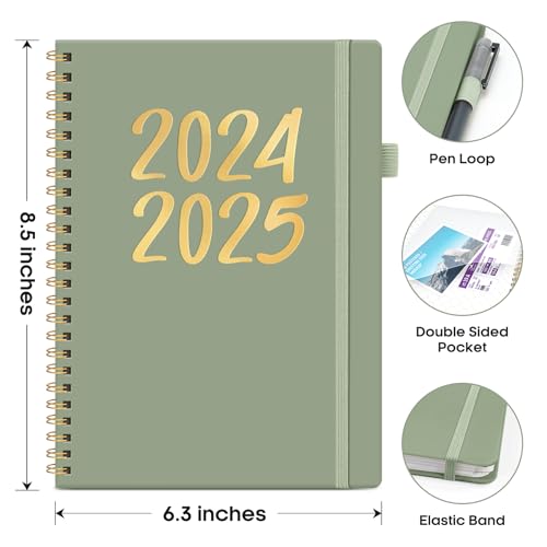 Academic Planner 2024-2025, Weekly & Monthly Calendar Planner Book (July 2024 - June 2025), Hardcover School Teacher & Student Planner with Monthly Tabs (6.3" x 8.5"), Spiral Bound - Green