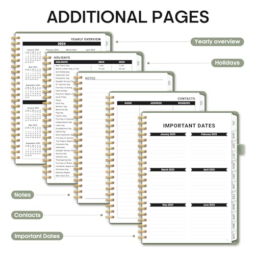 Academic Planner 2024-2025, Weekly & Monthly Calendar Planner Book (July 2024 - June 2025), Hardcover School Teacher & Student Planner with Monthly Tabs (6.3" x 8.5"), Spiral Bound - Green