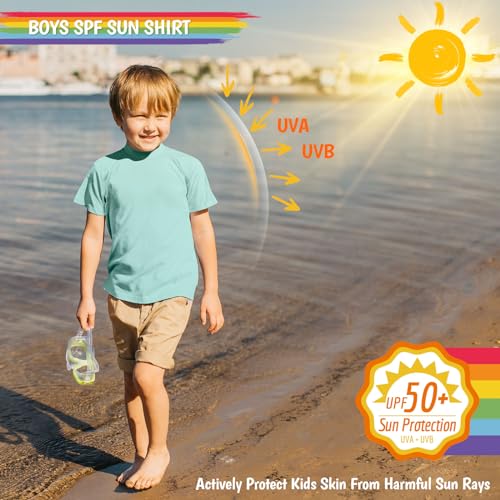 Boys Swim Shirts Rash Guard Short Sleeve Fishing Water Shirts UPF 50+ Sun Protection Rashguard Quick Dry Cool Beach Swimming Clothes for Toddler Youth Kids Lake Blue Size 10-12