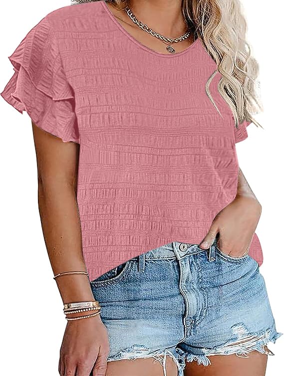 SCOMCHIC Womens Plus Size Textured Tops Summer Ruffle Short Sleeve Casual T Shirts Crewneck Loose Fit Tee Blouse Shirts Pink