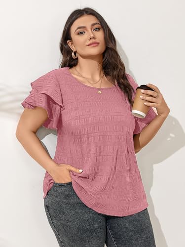 SCOMCHIC Womens Plus Size Textured Tops Summer Ruffle Short Sleeve Casual T Shirts Crewneck Loose Fit Tee Blouse Shirts Pink