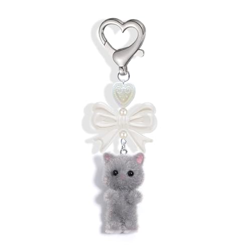 Agromusk Cute Cat Keychain,Fuzzy Kitty Cat Decor Gifts for Cat Lovers Girlfriend Y2K Heart Bow Ornament Pendent Women Girls Kawaii Cat Charms for Bags Backpack Wallet