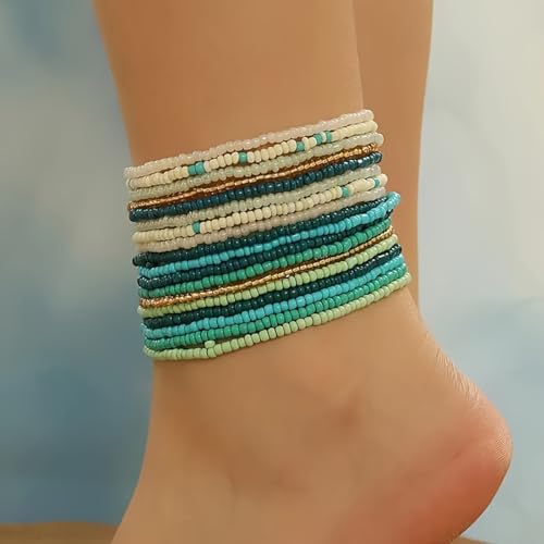 yfstyle 18PCS Boho Beaded Anklet for Women Elastic Anklets Colorful Beaded Ankle Bracelet Handmade Adjustable Elastic Anklets African Anklets Beach Bead Anklet Boho Style Bead Anklet for Girls-18