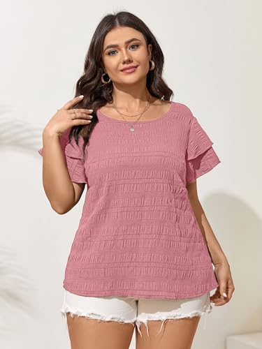 SCOMCHIC Womens Plus Size Textured Tops Summer Ruffle Short Sleeve Casual T Shirts Crewneck Loose Fit Tee Blouse Shirts Pink