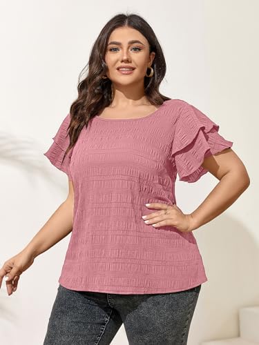 SCOMCHIC Womens Plus Size Textured Tops Summer Ruffle Short Sleeve Casual T Shirts Crewneck Loose Fit Tee Blouse Shirts Pink
