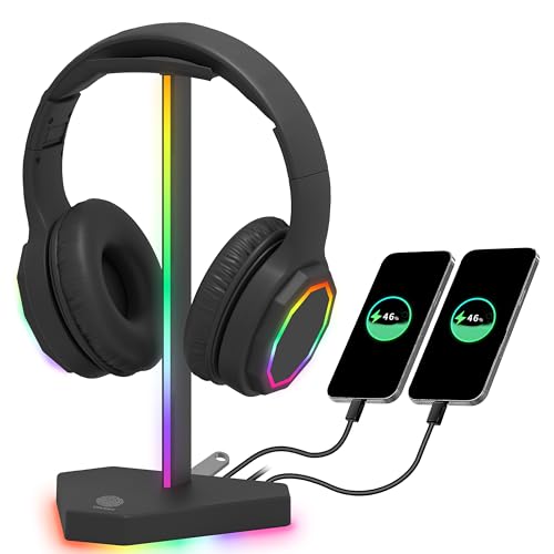 𝟐𝟎𝟐𝟒 𝐍𝐞𝐰 RGB Headphones Stand with 1 USB-C Data Transmission& 3 Type-C Charging Port, Desk Gaming Headset Holder with 7 Light Modes and Non-Slip Rubber Base (Black)