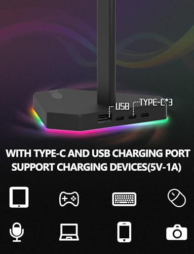 𝟐𝟎𝟐𝟒 𝐍𝐞𝐰 RGB Headphones Stand with 1 USB-C Data Transmission& 3 Type-C Charging Port, Desk Gaming Headset Holder with 7 Light Modes and Non-Slip Rubber Base (Black)