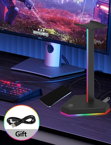 𝟐𝟎𝟐𝟒 𝐍𝐞𝐰 RGB Headphones Stand with 1 USB-C Data Transmission& 3 Type-C Charging Port, Desk Gaming Headset Holder with 7 Light Modes and Non-Slip Rubber Base (Black)