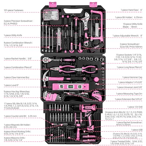 DEKOPRO Pink Tool Kit Box Drill Set Combo