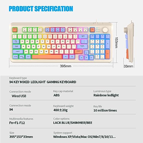 TROCHIN Gaming Keyboard Wired Mixed Rainbow Led Light Compact PC Slient Keyboard with Number Pad Dust-Proof Wired Gaming Keyboard 94 Keys for Computer/Laptop/Office/Gaming