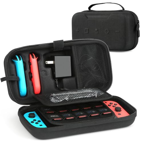 BLK8IGHT Switch OLED Case Compatible with Nintendo Switch and Switch OLED, Switch Carrying Case Fit for Joy-Con and Adapter, Hard Shell Travel Switch Case with 20 Games (Black)