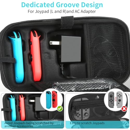 BLK8IGHT Switch OLED Case Compatible with Nintendo Switch and Switch OLED, Switch Carrying Case Fit for Joy-Con and Adapter, Hard Shell Travel Switch Case with 20 Games (Black)