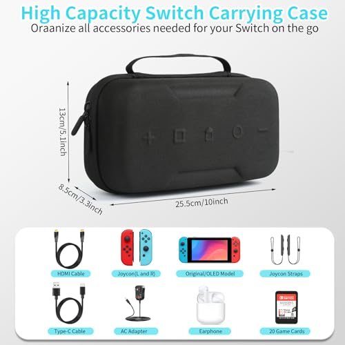 BLK8IGHT Switch OLED Case Compatible with Nintendo Switch and Switch OLED, Switch Carrying Case Fit for Joy-Con and Adapter, Hard Shell Travel Switch Case with 20 Games (Black)