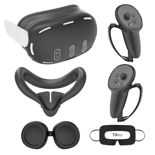 Relohas Deluxe 5 in 1 Silicone Accessories for Meta Quest 3, VR Protective Case Set for Oculus Quest 3, Controller Grip Cover, VR Shell Cover, Face Cover, Gifts for Christmas & Halloween (Black)