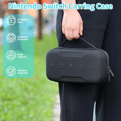 BLK8IGHT Switch OLED Case Compatible with Nintendo Switch and Switch OLED, Switch Carrying Case Fit for Joy-Con and Adapter, Hard Shell Travel Switch Case with 20 Games (Black)