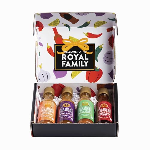 Mini Hot Sauce Fathers Day Gift Set by Tabanero: Peach Bourbon, Siracha Honey, Key Lime Habanero, Sweet & Spicy, All Natural, Gluten Free, Low Sodium, Vegan, Kosher, Made in the USA, 4-Pack 1.7oz Bottles