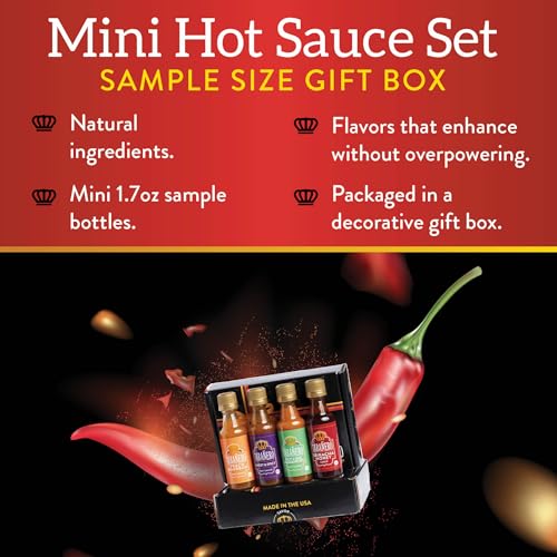 Mini Hot Sauce Fathers Day Gift Set by Tabanero: Peach Bourbon, Siracha Honey, Key Lime Habanero, Sweet & Spicy, All Natural, Gluten Free, Low Sodium, Vegan, Kosher, Made in the USA, 4-Pack 1.7oz Bottles