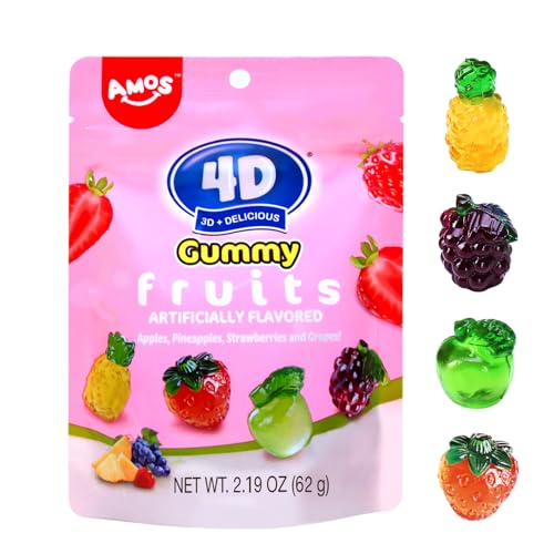 Amos 4D Gummy Candy Fruit Snacks, 3D Fruit Shaped Gummies Natural Flavors, For Party or Cupcake Toppers, Resealable 2.19oz Bag (Pack of 3)