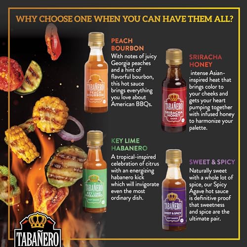 Mini Hot Sauce Fathers Day Gift Set by Tabanero: Peach Bourbon, Siracha Honey, Key Lime Habanero, Sweet & Spicy, All Natural, Gluten Free, Low Sodium, Vegan, Kosher, Made in the USA, 4-Pack 1.7oz Bottles