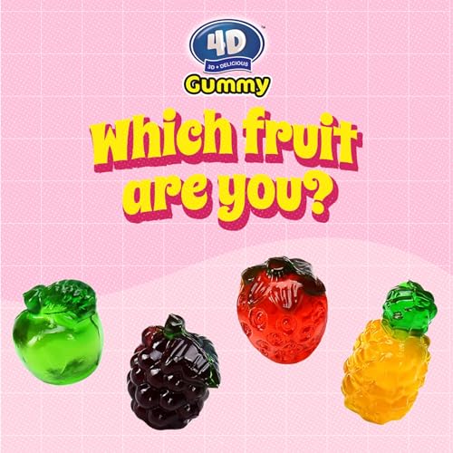 Amos 4D Gummy Candy Fruit Snacks, 3D Fruit Shaped Gummies Natural Flavors, For Party or Cupcake Toppers, Resealable 2.19oz Bag (Pack of 3)