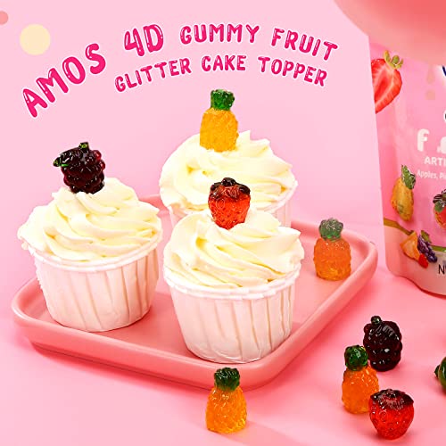Amos 4D Gummy Candy Fruit Snacks, 3D Fruit Shaped Gummies Natural Flavors, For Party or Cupcake Toppers, Resealable 2.19oz Bag (Pack of 3)