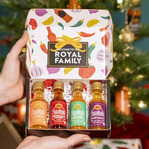 Mini Hot Sauce Fathers Day Gift Set by Tabanero: Peach Bourbon, Siracha Honey, Key Lime Habanero, Sweet & Spicy, All Natural, Gluten Free, Low Sodium, Vegan, Kosher, Made in the USA, 4-Pack 1.7oz Bottles