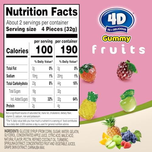 Amos 4D Gummy Candy Fruit Snacks, 3D Fruit Shaped Gummies Natural Flavors, For Party or Cupcake Toppers, Resealable 2.19oz Bag (Pack of 3)
