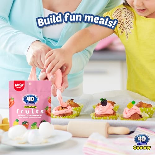 Amos 4D Gummy Candy Fruit Snacks, 3D Fruit Shaped Gummies Natural Flavors, For Party or Cupcake Toppers, Resealable 2.19oz Bag (Pack of 3)