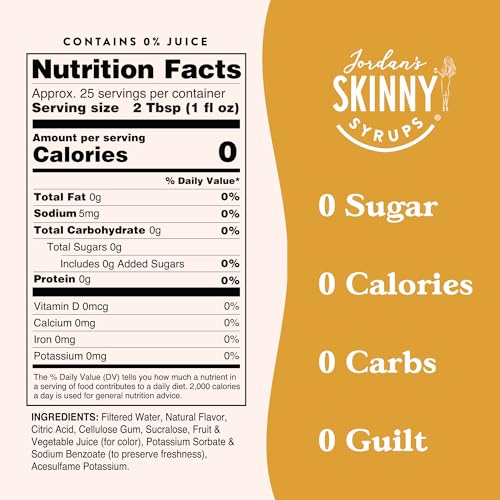 Jordan's Skinny Syrups Sugar Free Coffee Syrup, Pineapple Upside Down Cake Syrup Flavor, Zero Calorie Flavoring for Latte, Protein Shake, Cocktail & More, Keto Friendly, 25.4 Fl Oz, 1 Pack