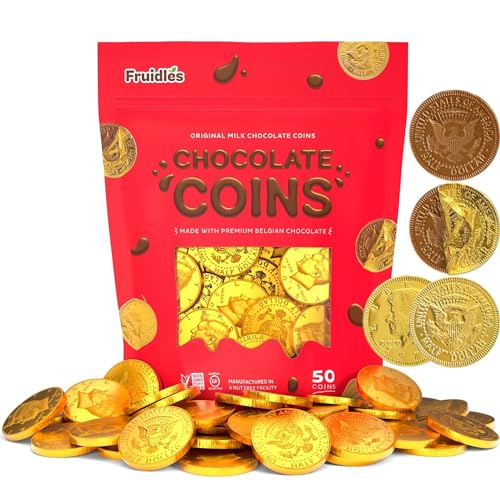 Fruidles Milk Chocolate Coins, Gold Half Dollar Chocolate Coins, Made with Premium Belgian Chocolate, Nut-Free, Non-GMO, Kosher Dairy (25 Pack)