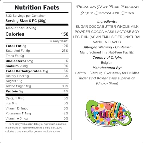 Fruidles Milk Chocolate Coins, Gold Half Dollar Chocolate Coins, Made with Premium Belgian Chocolate, Nut-Free, Non-GMO, Kosher Dairy (25 Pack)