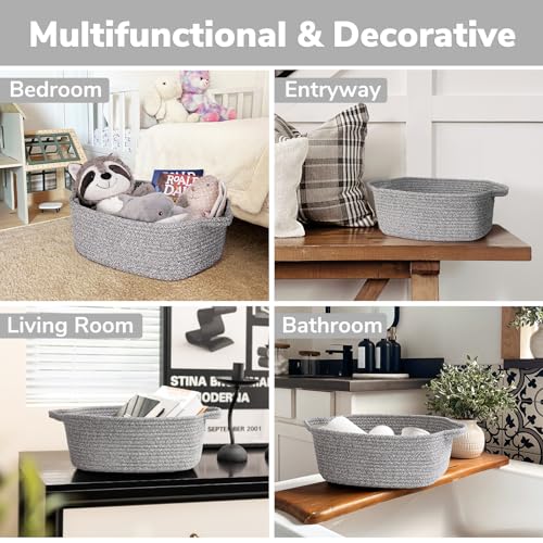 CHICVITA Storage Basket for Gifting, Small Woven Basket for Towels, Cute Basket for Baby, Nursery, Dog Basket, Decorative Rope Basket for Living Room, Grey, 13 x 9¾ x 5 inches