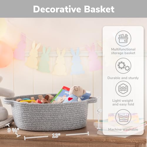 CHICVITA Storage Basket for Gifting, Small Woven Basket for Towels, Cute Basket for Baby, Nursery, Dog Basket, Decorative Rope Basket for Living Room, Grey, 13 x 9¾ x 5 inches