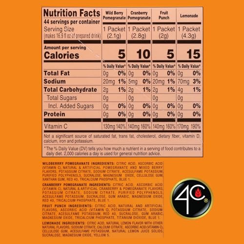 4C Powder Drink Mix Packets, PSD Variety 1 Pack, 44 Count, Singles Stix On the Go, Refreshing Sugar Free Water Flavorings (11 Each Wild Berry Pomegranate, Cranberry-Pomegranate, Fruit Punch, Lemonade)