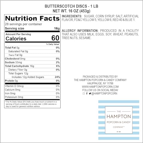 Butterscotch Hard Candy - 1lb Bulk Bag (Approx. 75 pcs) - Individually Wrapped Butterscotch Candy Discs - The Hampton Popcorn & Candy Company