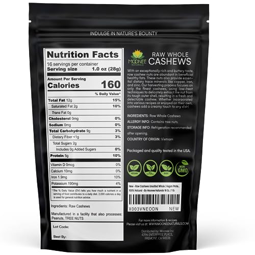 Raw Cashews Unsalted Whole (16 0z. / 1 lb) | Vegan Protein Snacks | Make Cashew Milk | Keto and Paleo Friendly Diet Snacks | Party Snacks | Healthy Snacks | Cashews Bulk | Non-GMO | 100% Natural - By Moonee Naturals 16 0z. / 1 lb