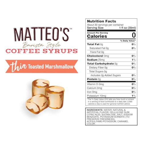 Matteo's Barista Style Sugar-Free Coffee Syrup, Thin Toasted Marshmallow Flavour, Zero Calories and Sugar, Keto-Friendly Coffee Syrups, Delicious Flavoured Coffee Syrup - 33.8 Fl Oz Syrup Bottle