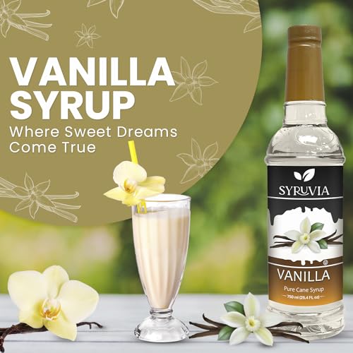 Syruvia Vanilla Syrup for Coffee with Syrup Pump Dispenser, Flavored Coffee Syrup Great for Coffee, Shakes, Smoothies and Cocktails - 25.4 fl oz, Kosher, Gluten-Free