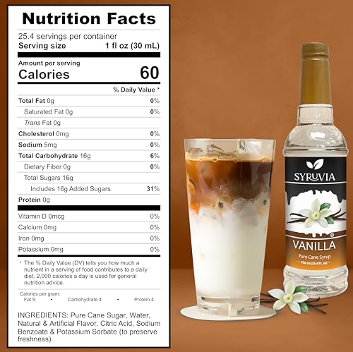 Syruvia Vanilla Syrup for Coffee with Syrup Pump Dispenser, Flavored Coffee Syrup Great for Coffee, Shakes, Smoothies and Cocktails - 25.4 fl oz, Kosher, Gluten-Free