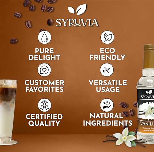 Syruvia Vanilla Syrup for Coffee with Syrup Pump Dispenser, Flavored Coffee Syrup Great for Coffee, Shakes, Smoothies and Cocktails - 25.4 fl oz, Kosher, Gluten-Free