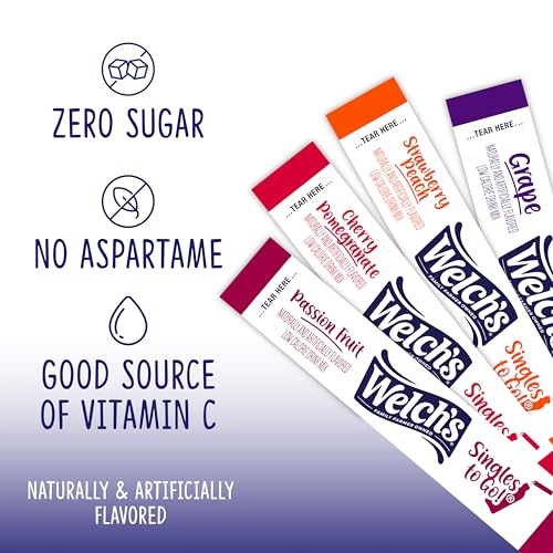 Welch's Singles To Go Variety Pack, Watertok Powdered Drink Mix, Includes 4 Flavors, Grape, Passion fruit, Strawberry Peach, Cherry Pomegranate, 1 Box (40 Servings)