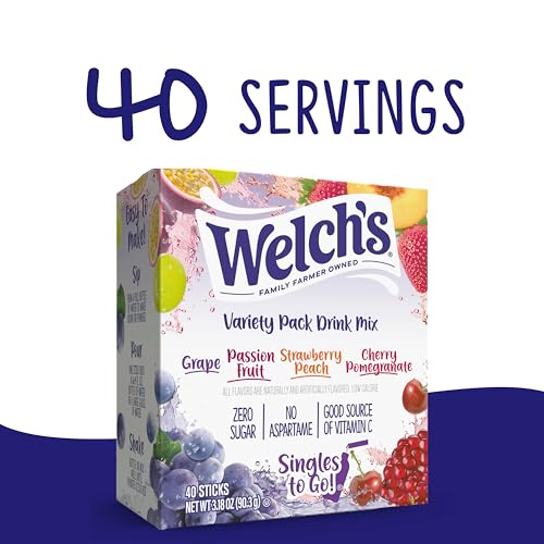 Welch's Singles To Go Variety Pack, Watertok Powdered Drink Mix, Includes 4 Flavors, Grape, Passion fruit, Strawberry Peach, Cherry Pomegranate, 1 Box (40 Servings)