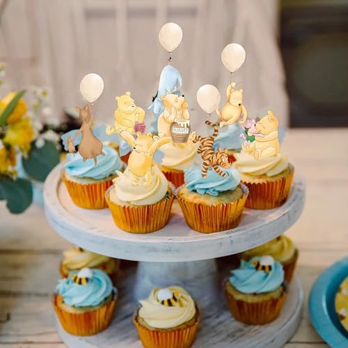 48 Pcs Winnie Cupcake Toppers Classic The Pooh Baby Shower Decorations Cute Cake Decorations Oh Baby Mommy-To-Be Party Favors Boys and Girls First Birthday Supplies