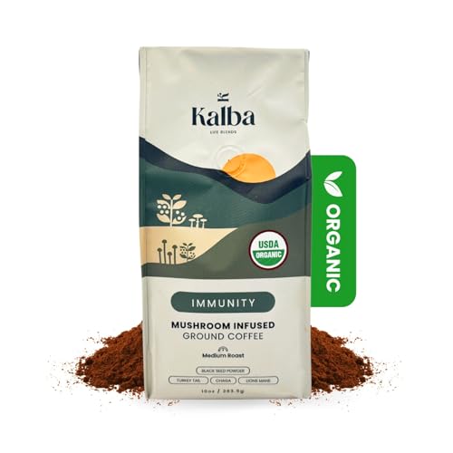 Kalba Organic Mushroom Coffee Organic Coffee Grounds, Medium Roast 10oz | Arabica Coffee with Lion's mane, Chaga, Turkey Tail, & Nigella Seed for Energy Boost & Immunity
