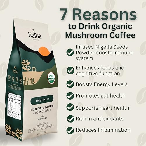 Kalba Organic Mushroom Coffee Organic Coffee Grounds, Medium Roast 10oz | Arabica Coffee with Lion's mane, Chaga, Turkey Tail, & Nigella Seed for Energy Boost & Immunity