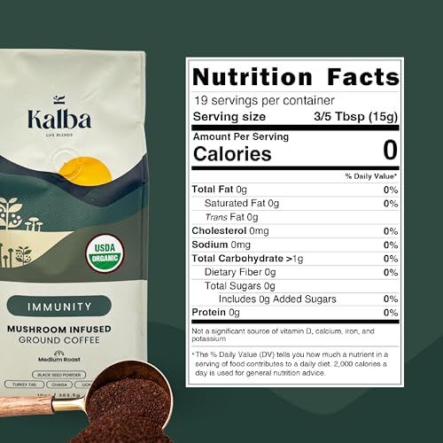 Kalba Organic Mushroom Coffee Organic Coffee Grounds, Medium Roast 10oz | Arabica Coffee with Lion's mane, Chaga, Turkey Tail, & Nigella Seed for Energy Boost & Immunity
