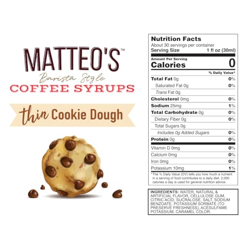 Matteo's Barista Style Sugar-Free Coffee Syrup, Thin Cookie Dough Flavour, Zero Calories and Sugar, Keto-Friendly Coffee Syrups, Delicious Flavoured Coffee Syrup - 33.8 Fl Oz Syrup Bottle